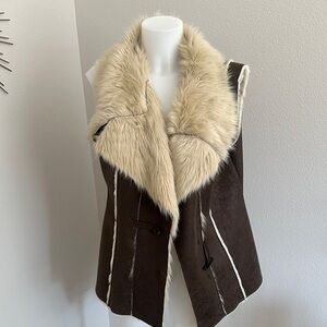 INC International Concepts Dark Brown Vest with Cream Faux Fur
